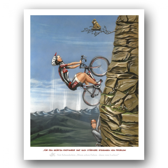 B0232 Karikaturen/Cartoons Radfahrer am Berg ****** BILDTEXT: ...für den geübten Radfahrer sind auch stärkere Steigungen kein Problem! ******