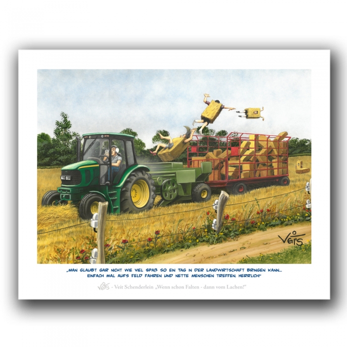 B0262 Karikatur/Cartoon Landwirtschaft  ****** BILDTEXT: „Man glaubt gar nicht wie viel Spaß so ein Tag in der Landwirtschaft bringen kann…  Einfach mal aufs Feld fahren und nette Menschen treffen. Herrlich!“ ******